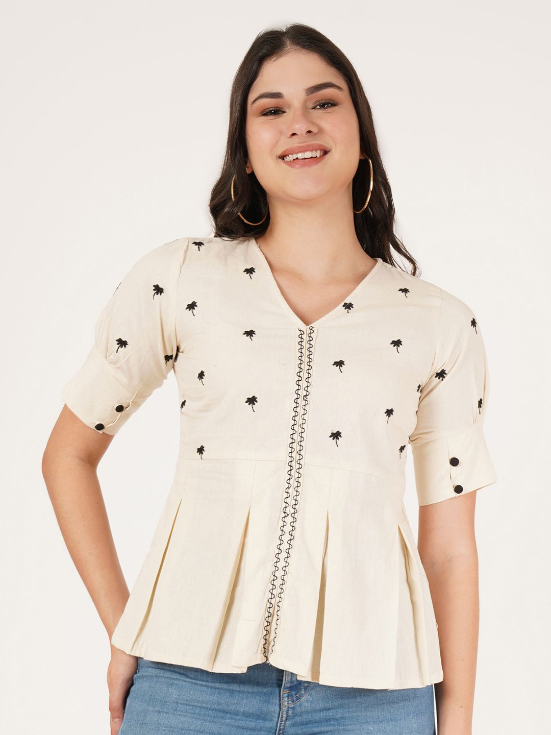 Ethic Glance Women Floral Embroidered Pleated Pure Cotton Peplum Top