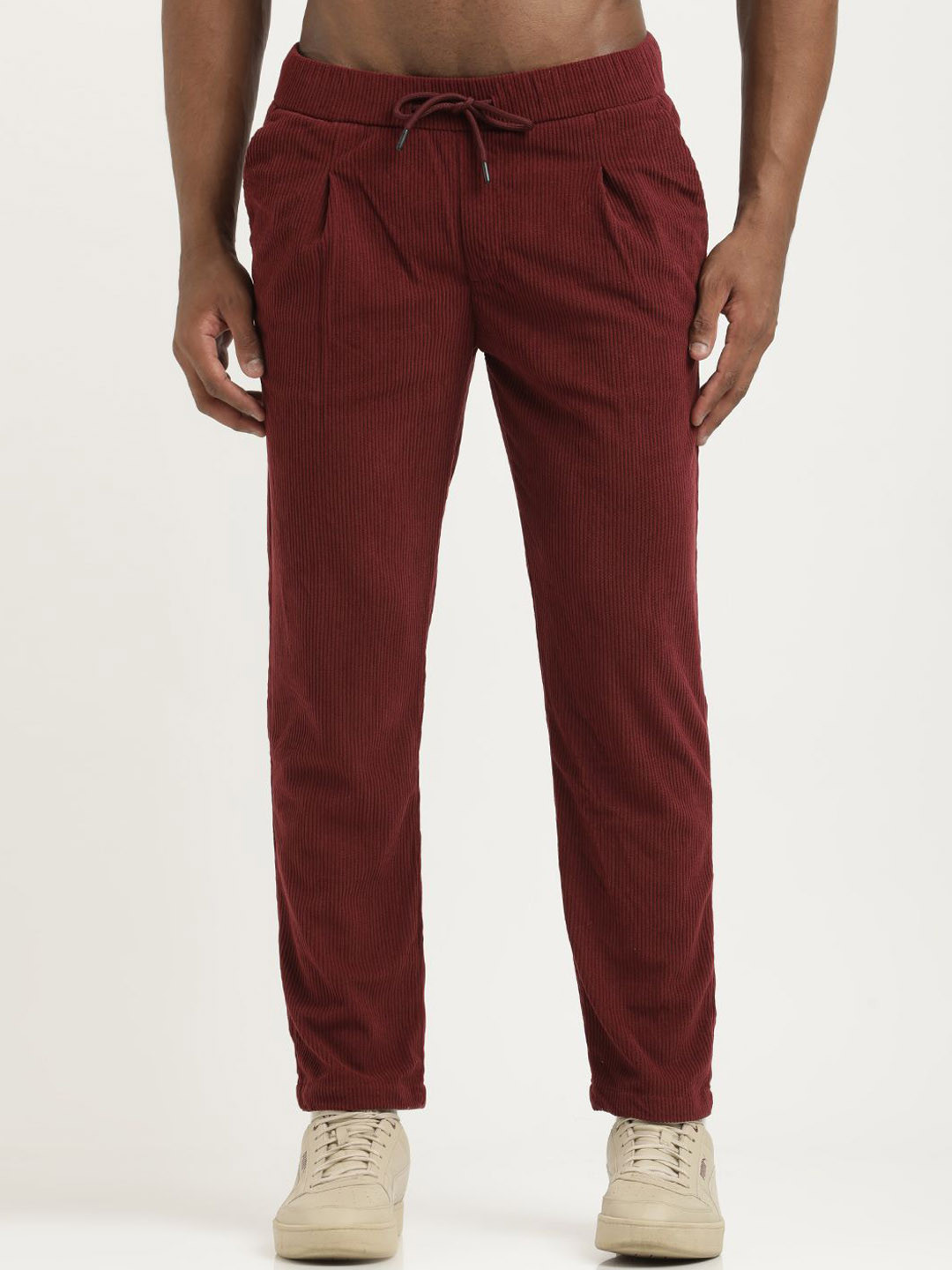 Blu MNKY Men Striped Smart Corduroy Pleated Joggers Trousers