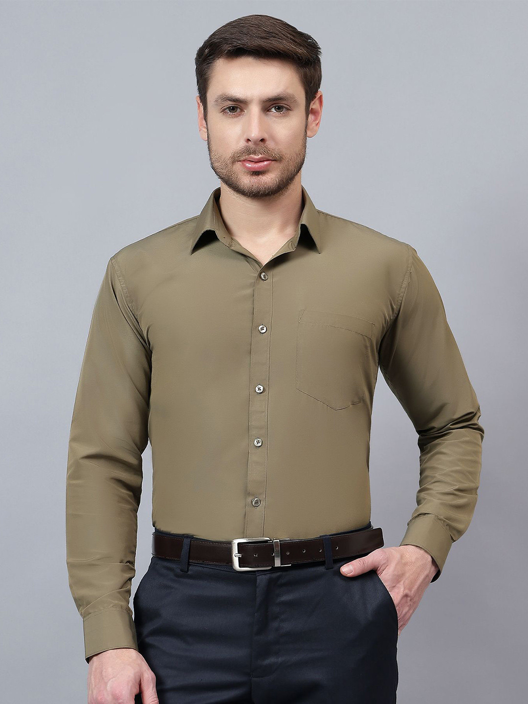 SWAZ Men Olive Brown  Slim Fit Solid Spread Collar Formal Shirt