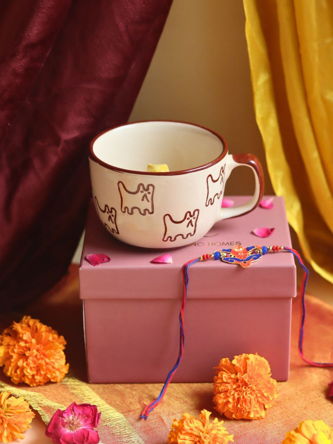 WEAVING HOMES The OG Cat White & Red Printed Ceramic Mug 220ml With Rakhi