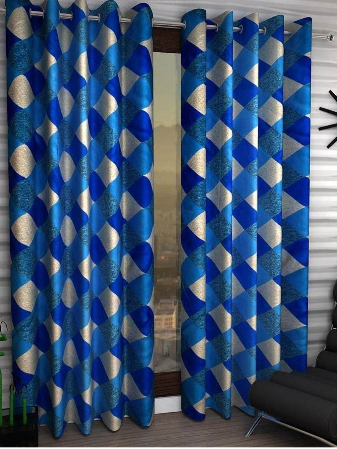 BELLA TRUE Blue And Beige 3 Pieces Geometric Printed Regular Door Curtains