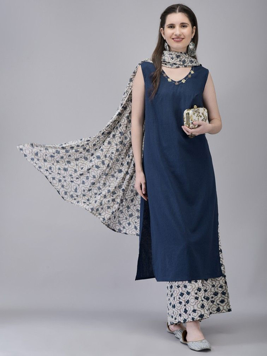 Aralia V-Neck Pure Cotton Straight Kurta With Palazzos & Dupatta