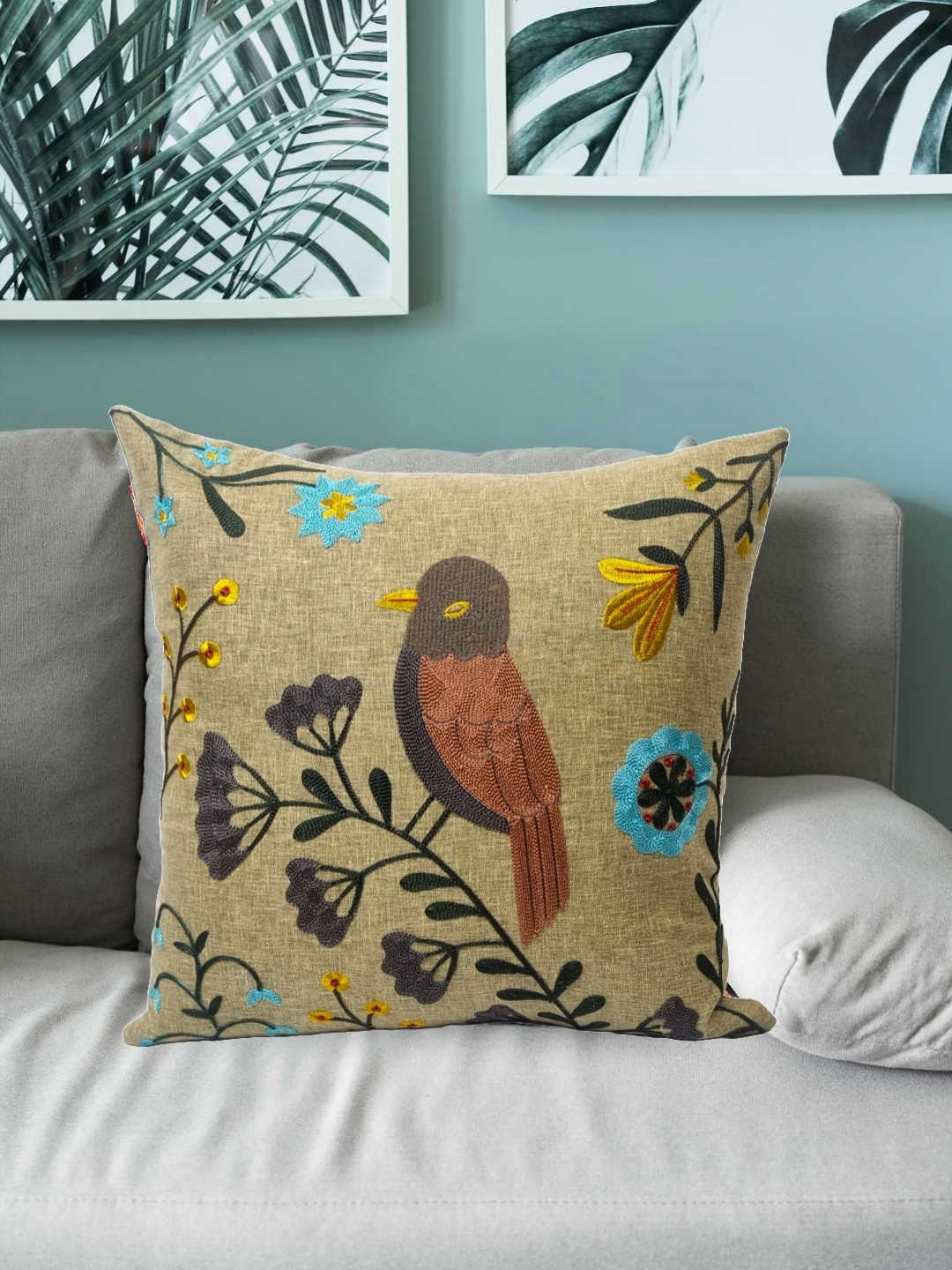 Vinayaka Fab Yellow & Brown Embroidered Cotton Square Cushion Cover
