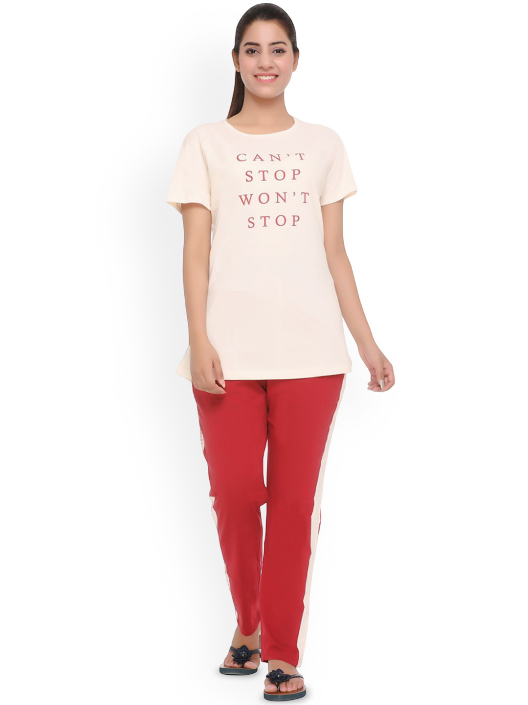 WOOL 4U Women Typography Printed Round Neck T-shirt & Pyjamas Night Suits