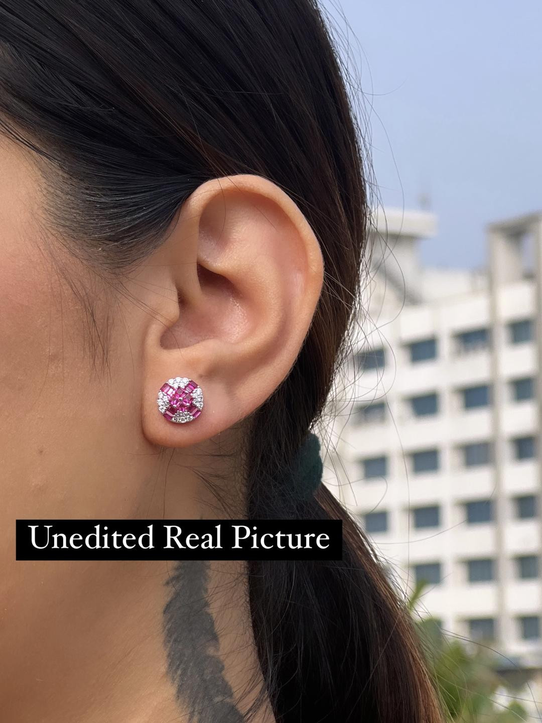 Diamond Studded With Ruby Baguette Clovia Studs On 925 Siver