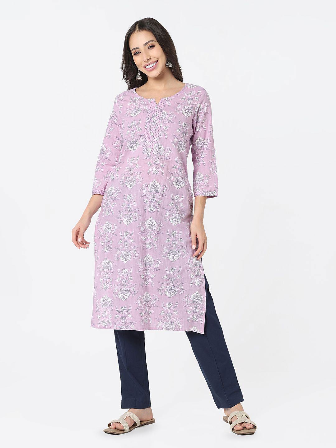 R&B Floral Printed Notch Neck Cotton Straight Kurta