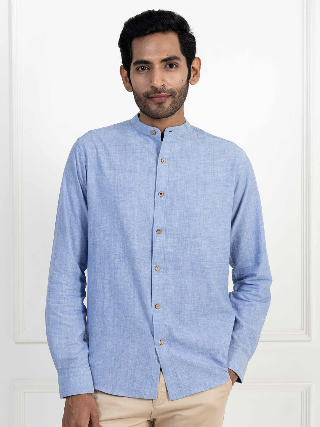 Earthy Route Men Cotton Full Sleeve Mandarin Collar Comfort Casual Shirt