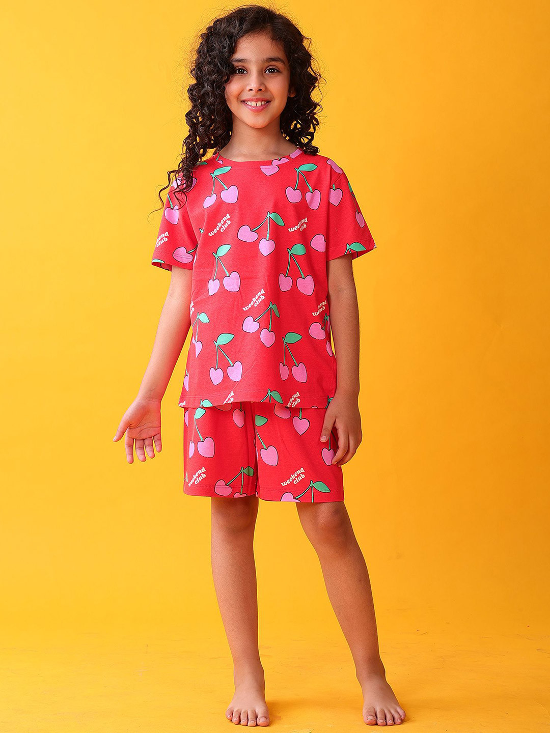 Anthrilo Girls Pure Cotton Cherry Red Sleepwear Short Set