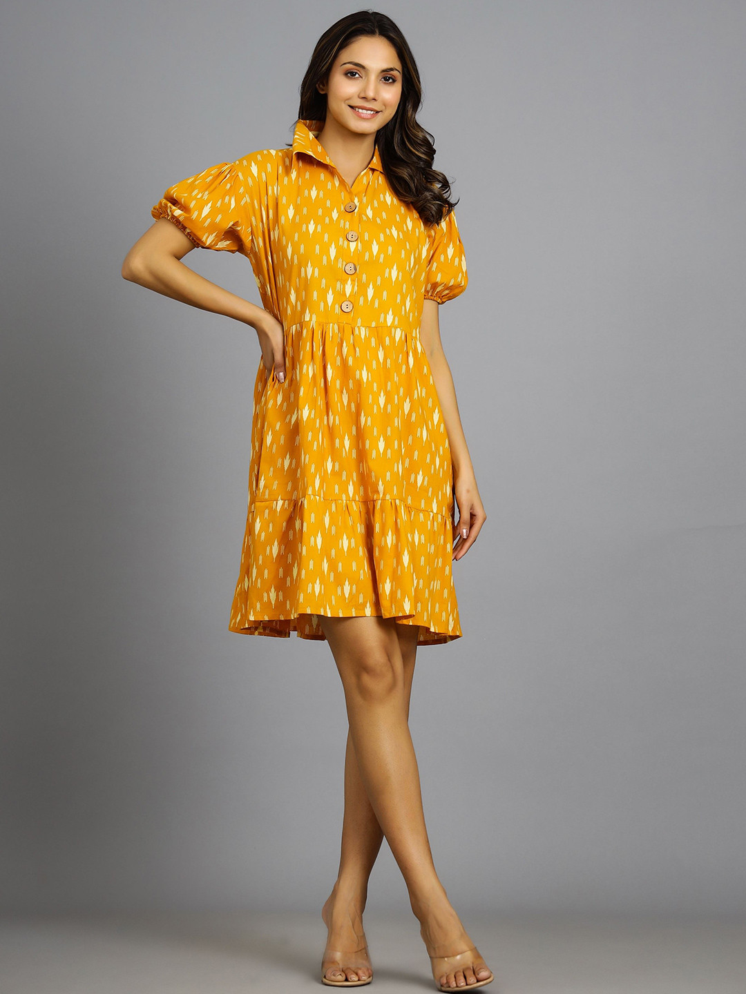 Ravaiyaa Women Ikat Print Puff Sleeve A-Line Mini Dress