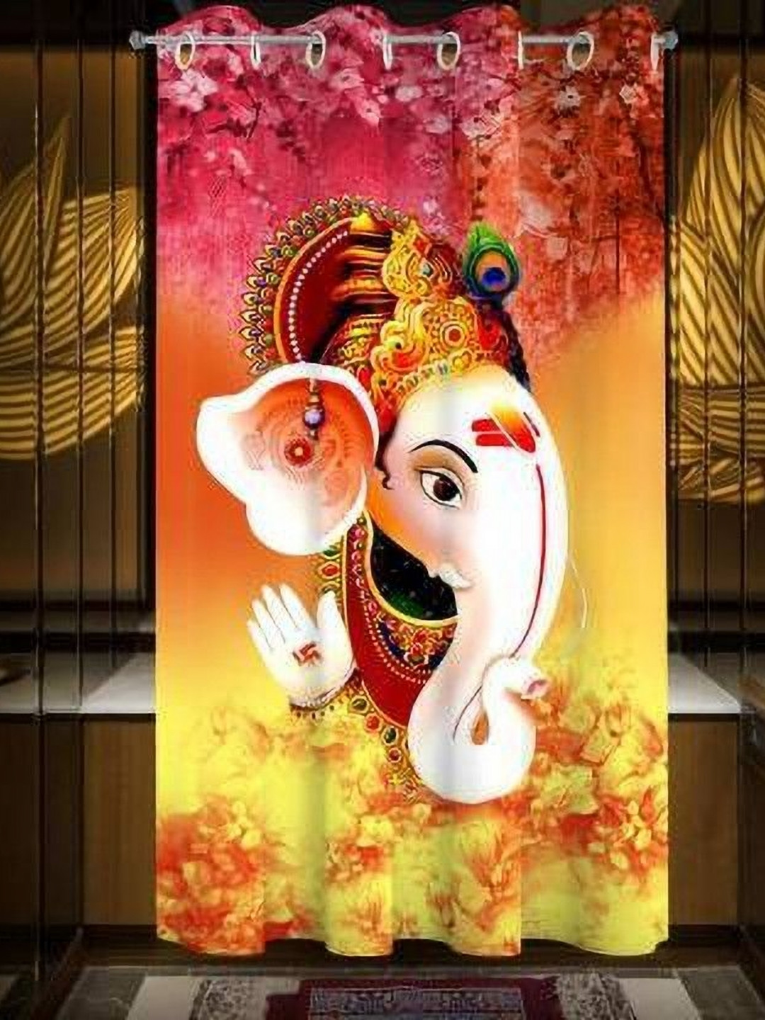BELLA TRUE Yellow & Pink Lord Ganesha Printed Window Curtain
