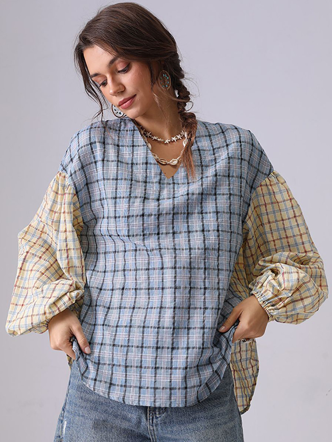 StyleCast Women Comfort Gingham Checks Puff Sleeves Cotton Casual Boxy Shirt