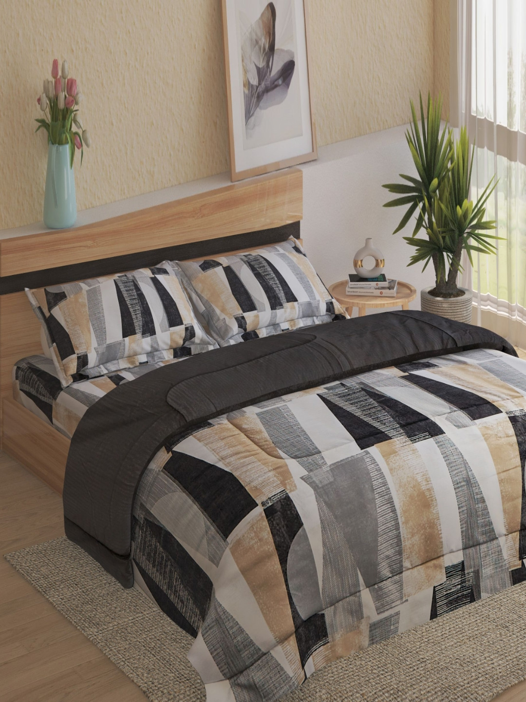 Home Centre Scarlet Grey & White Printed AC Room 144 TC Queen Bedding Set