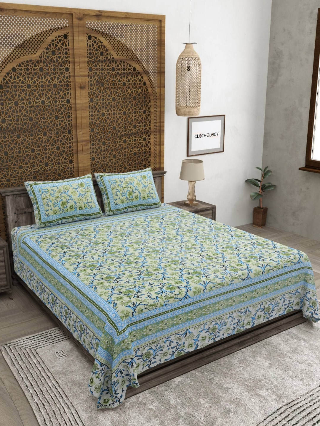 CLOTHOLOGY Verdant Green Sanganeri Motif The Gulzar Edit 180 TC Cotton King Bedsheet with 2 Pillow Cover