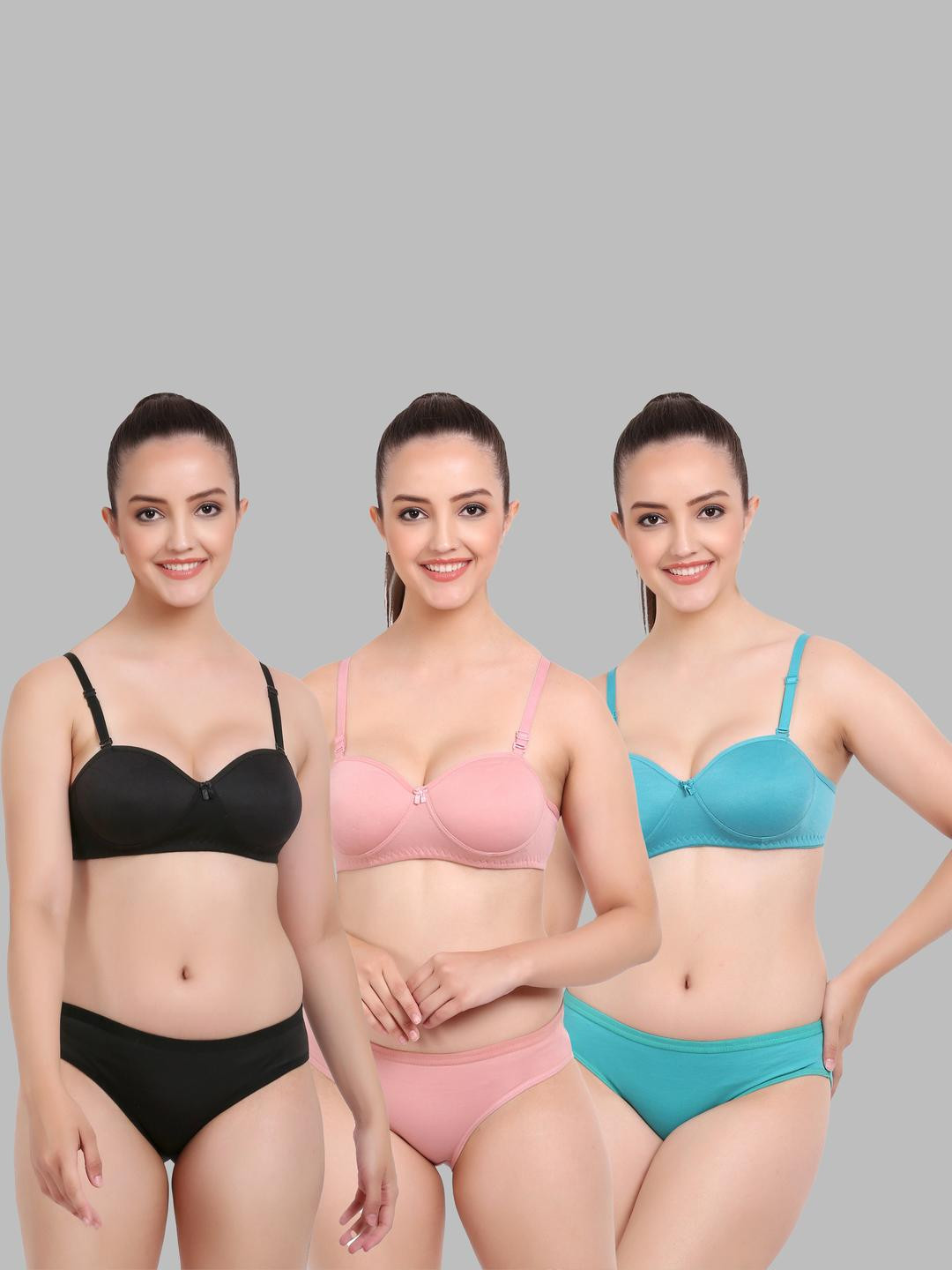 Women Black,Pink,Dark Blue Cotton Bra Panty Set for Lingerie Set Undergarments Pack of 3