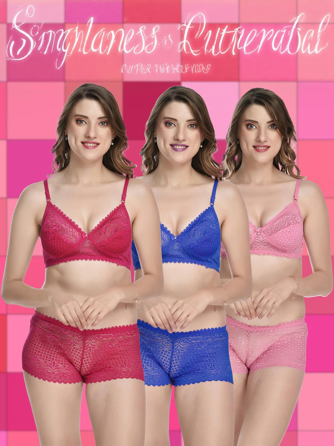 Women Pink,Blue,Orange Cotton Bra Panty Set for Lingerie Set Undergarments Pack of 3