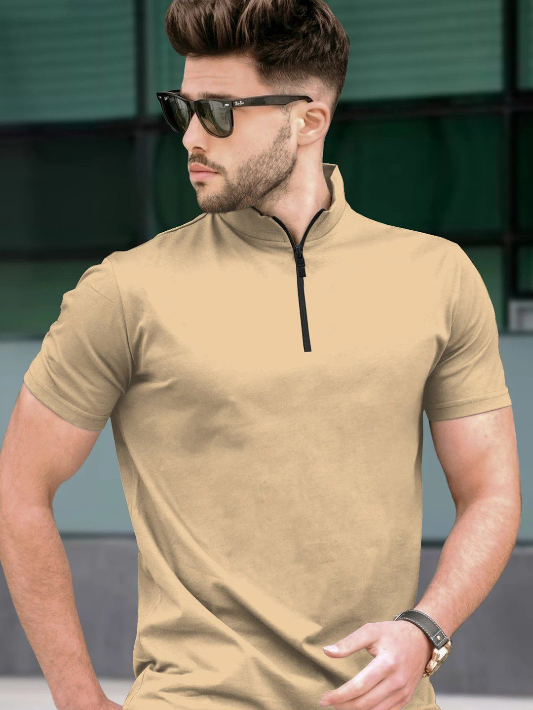 TRIPR Beige High Neck Short Sleeves T-shirt