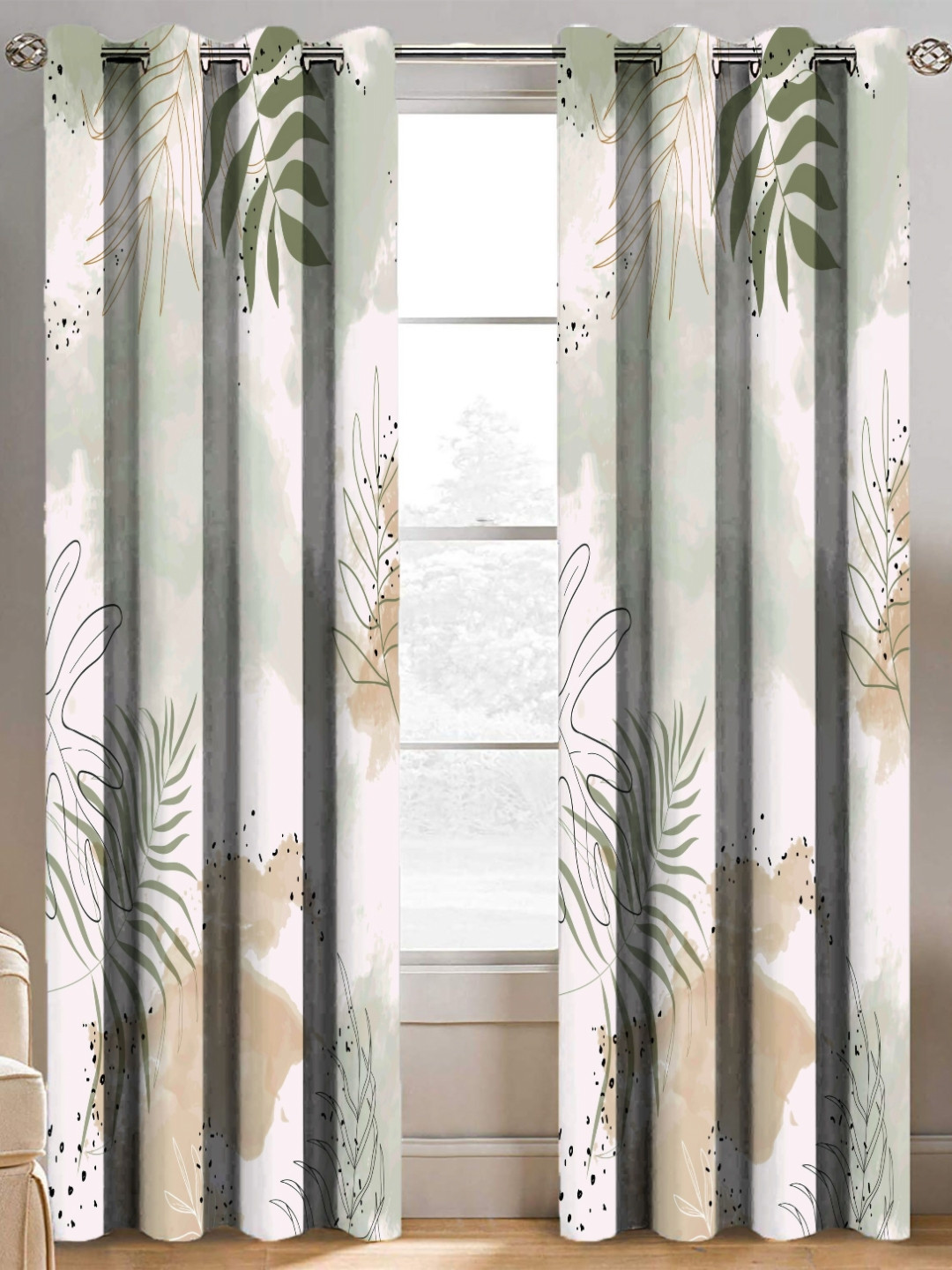 BELLA TRUE Green & White 2 pieces Ethnic Motifs Door Curtains
