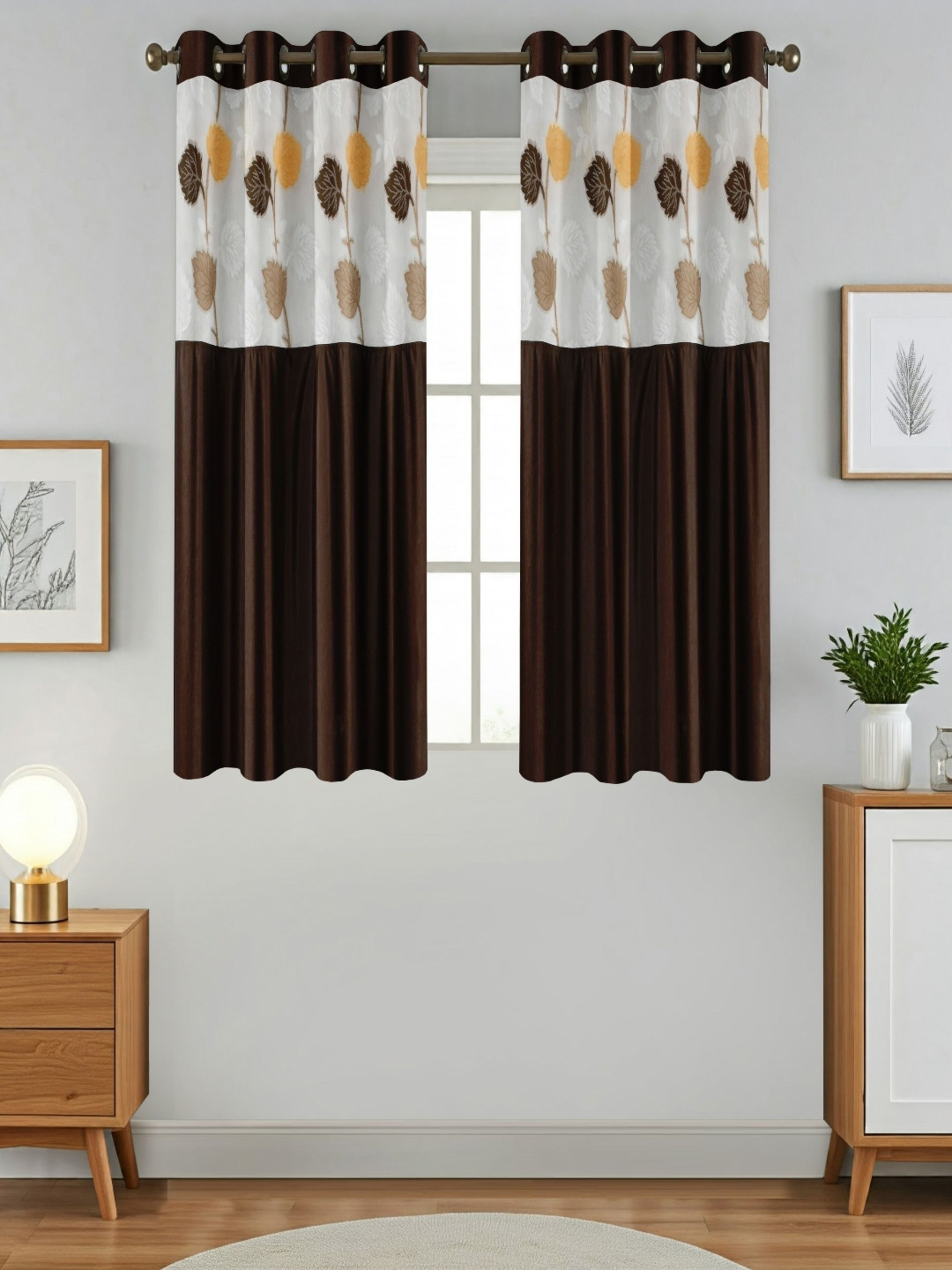 Aura Brown And White 2 Pieces Floral Printed Sheer Window Curtains