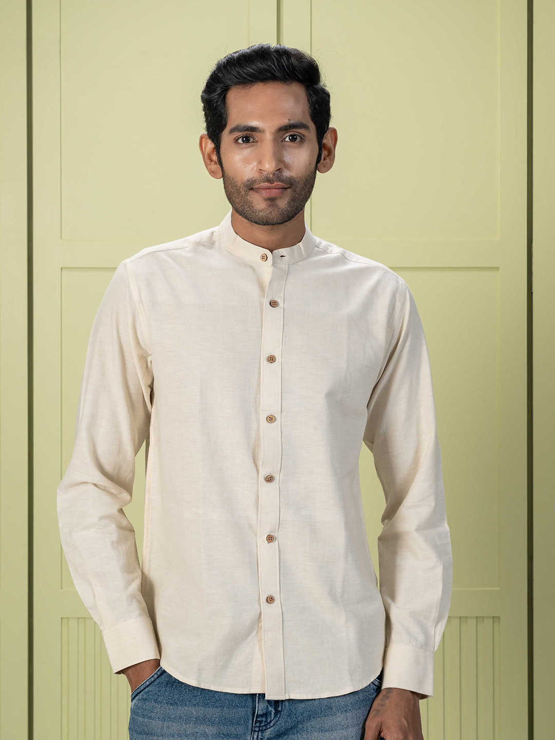 Earthy Route Comfort Band Collar Cotton Casual Shirt