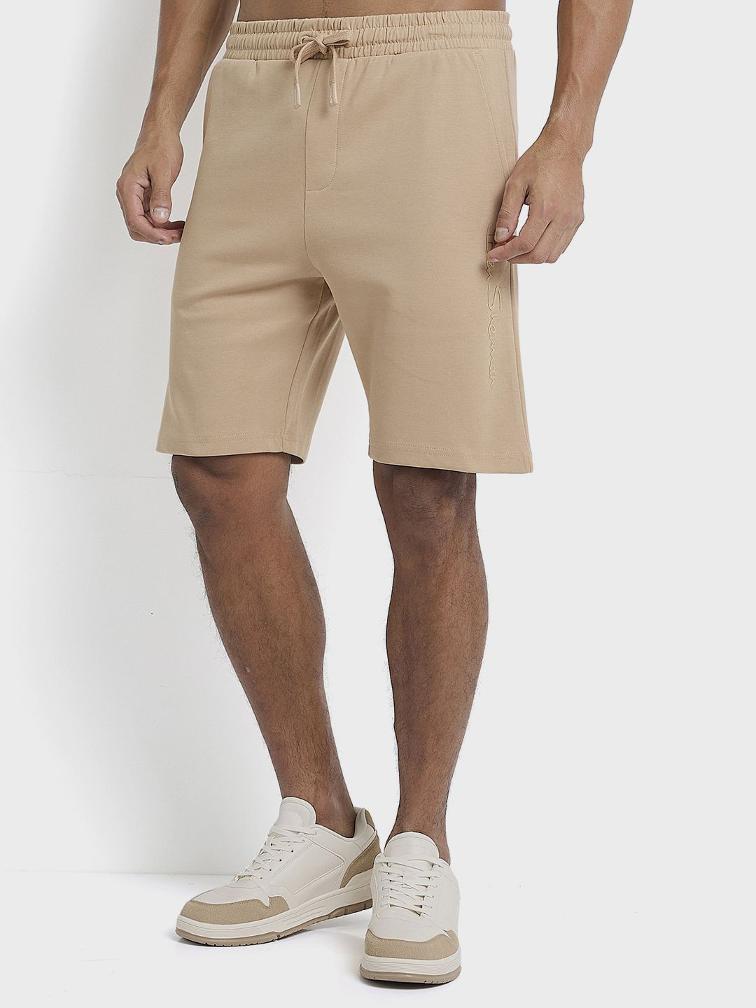 BEN SHERMAN Men Solid Beige Elasticated Chino Shorts