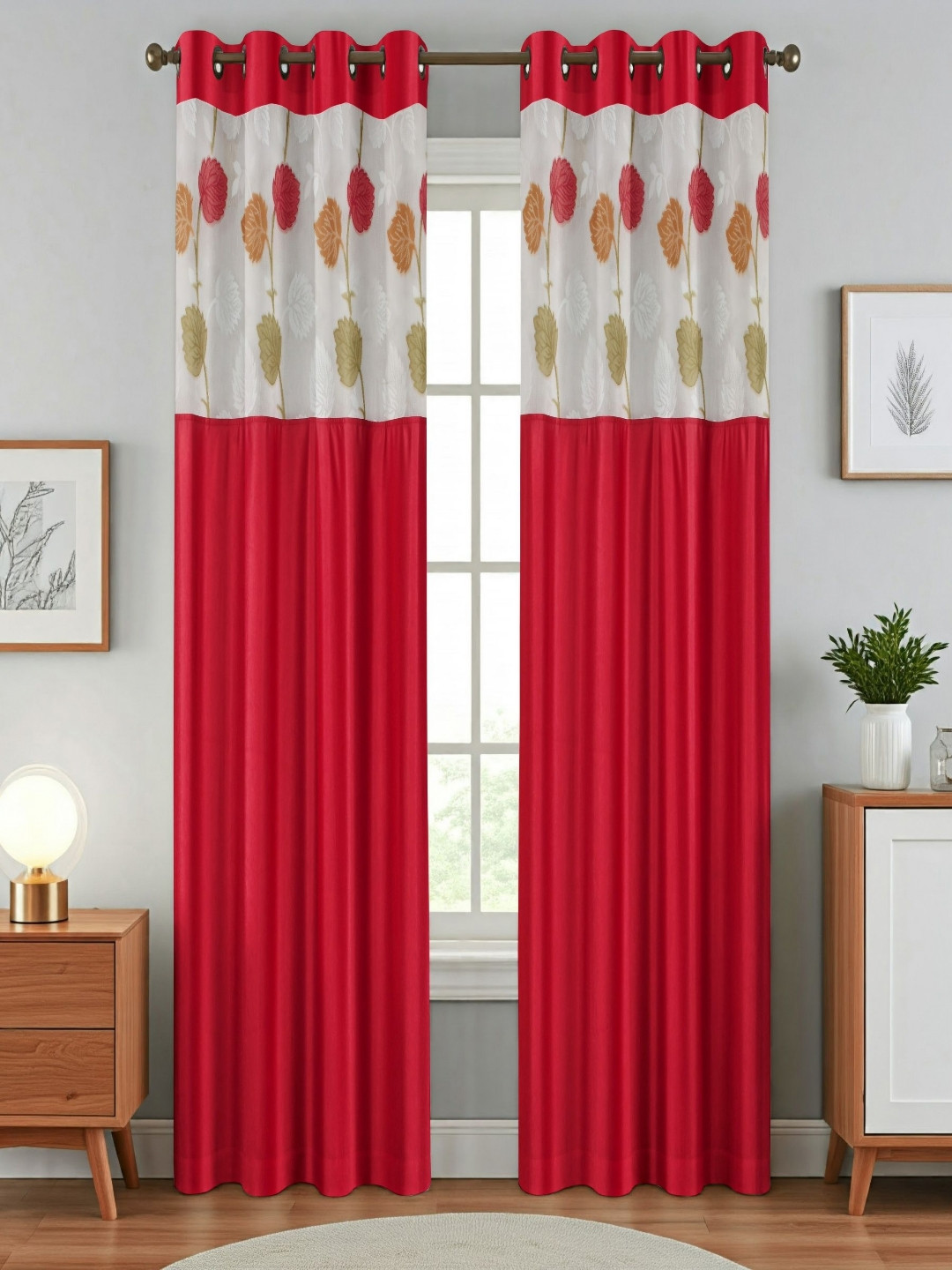 Aura Maroon And White 2 Pieces Floral Printed Sheer Door Curtains