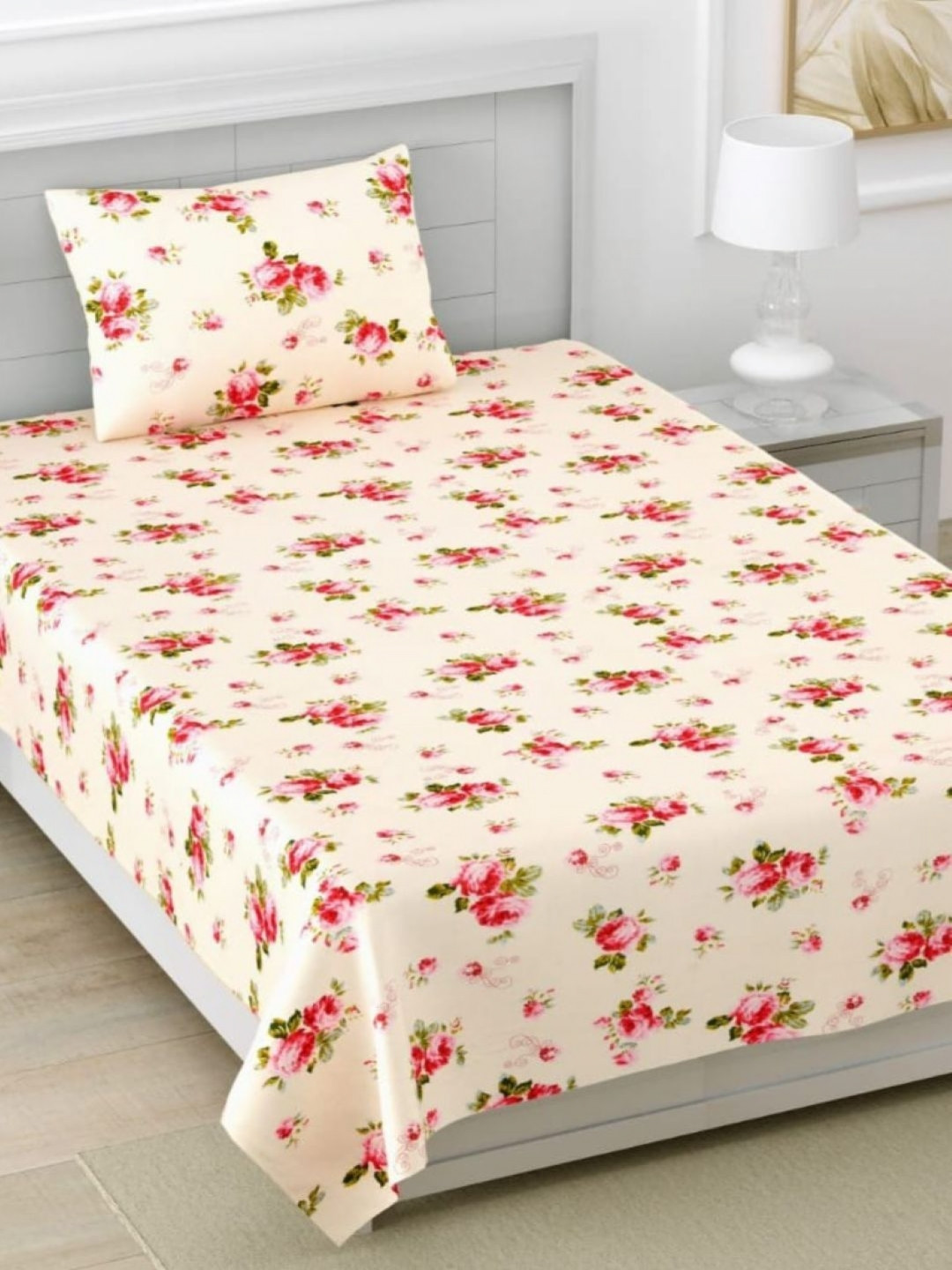 Bedbathandbliss Peach And White Floral 300 TC Cotton Single Bedsheet Set 1.52m x 2.28m