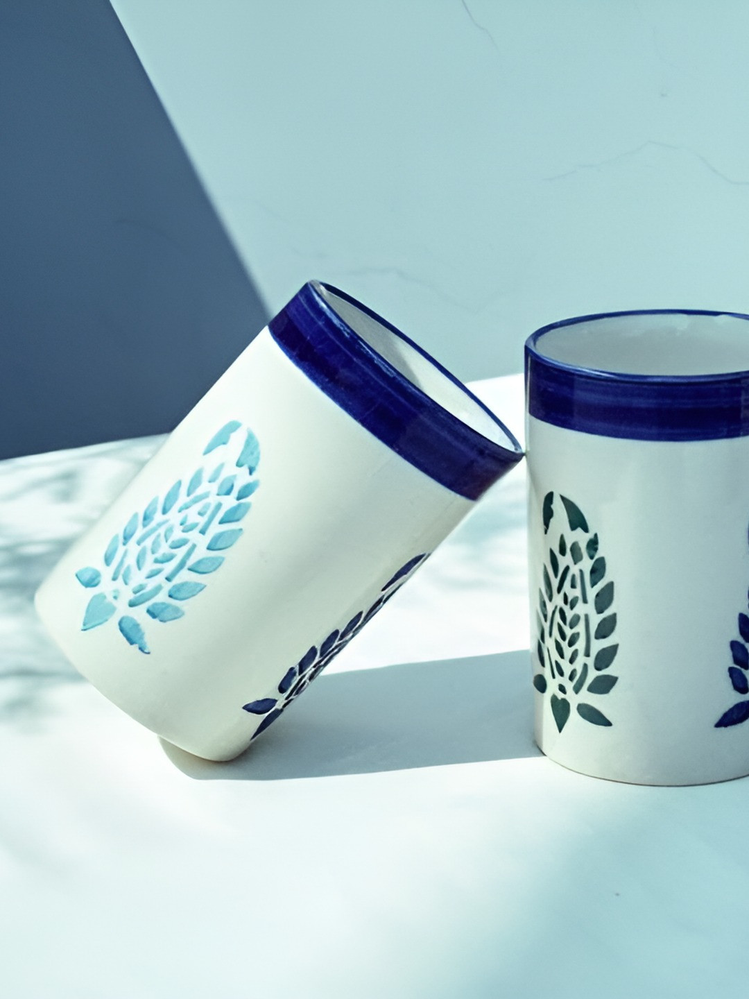 Rare Planet White & Blue 2 Pieces Printed Ceramic Water Glasses