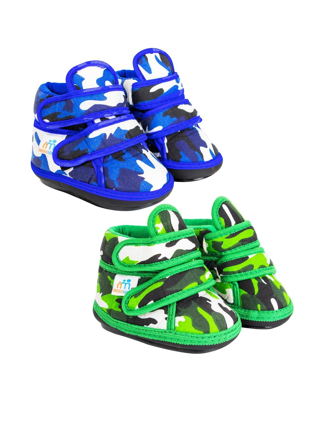 Neska Moda 12 To 15 Months Set of 2 Pair Baby Boys & Girls Cotton Chu Chu Musical Shoes/ Booties (Toe to Heel Length - 13 cm, Blue, Green)