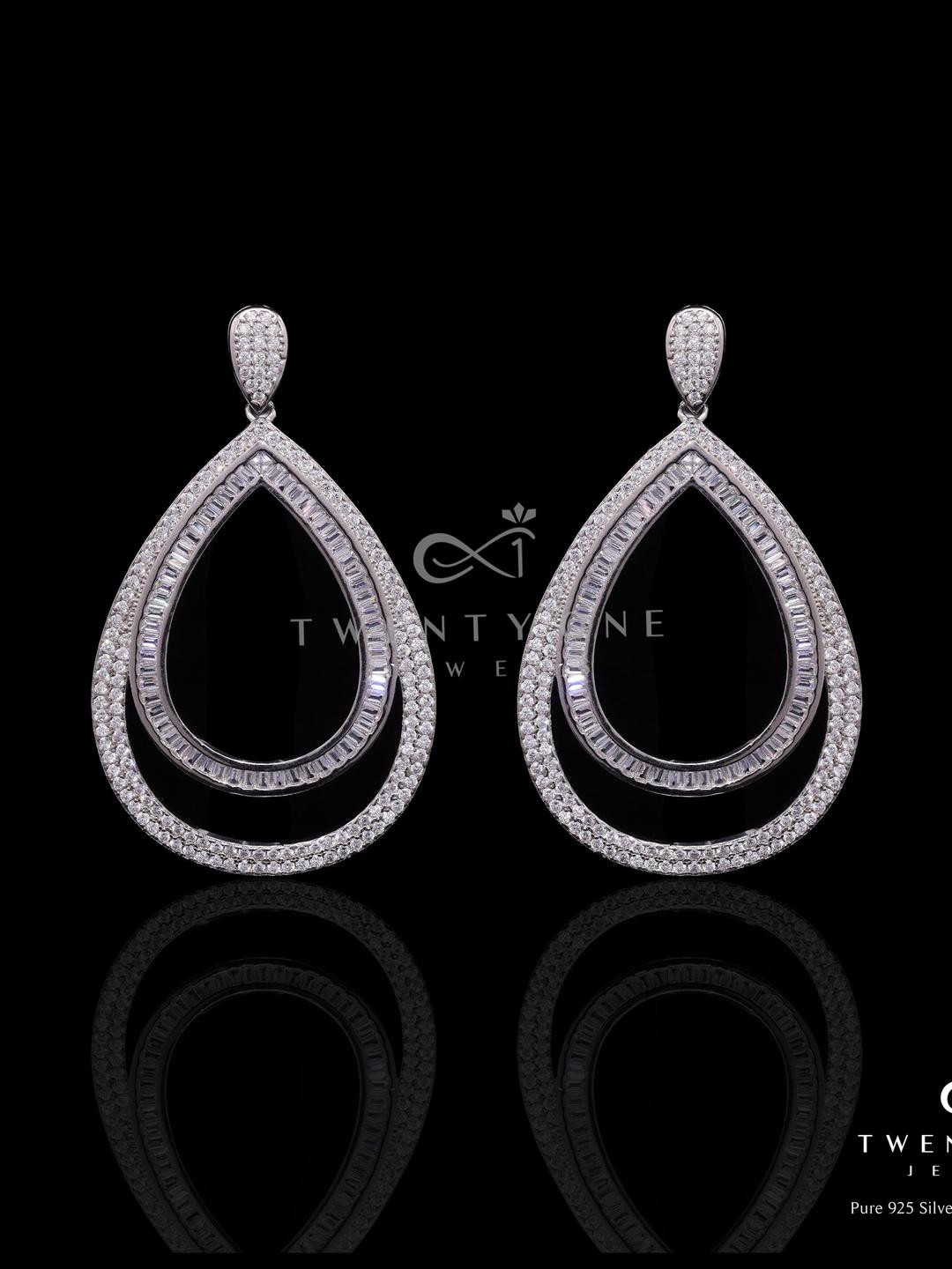Premium Double Drop Party Earrings with American Diamond Baguettes on Pure 925 Silver