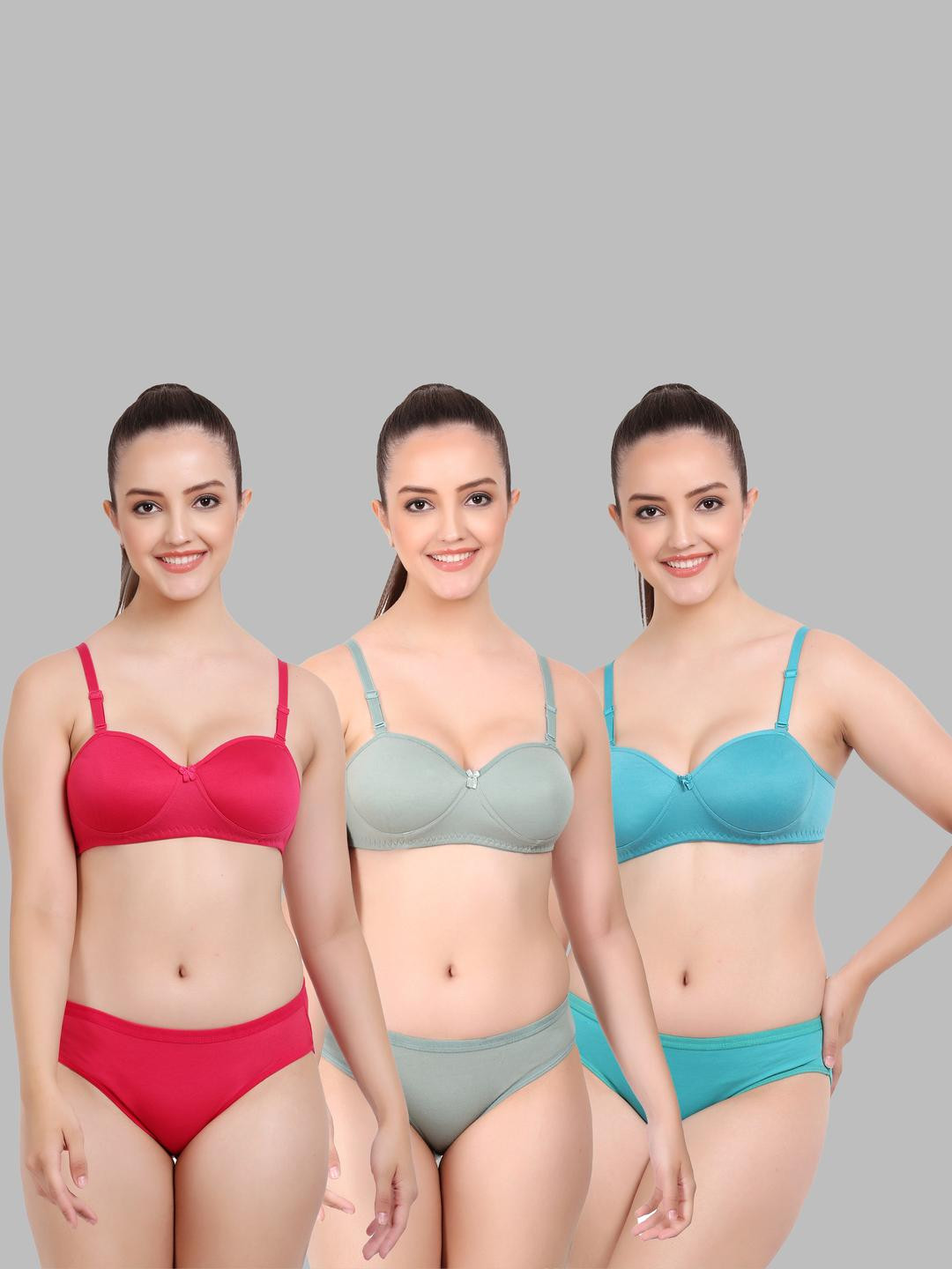 Women Red,Green,Dark Blue Cotton Bra Panty Set for Lingerie Set Undergarments Pack of 3