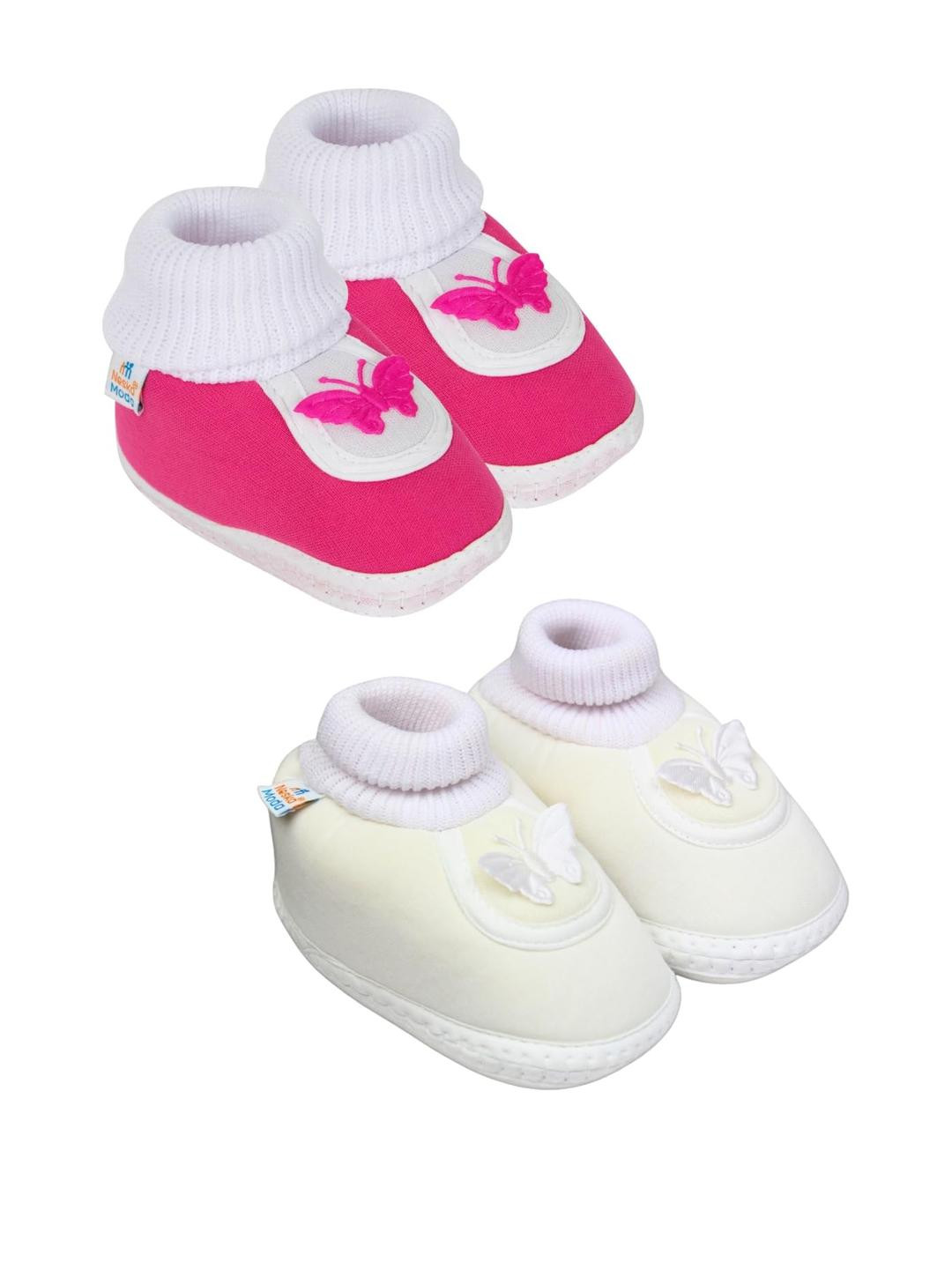Neska Moda 3 To 12 Month 2 Pair Set Newborn Unisex Baby Skin Friendly Soft Cotton Butterfly Booties (Toe to Heel Length - 12 cm, Rani, White)