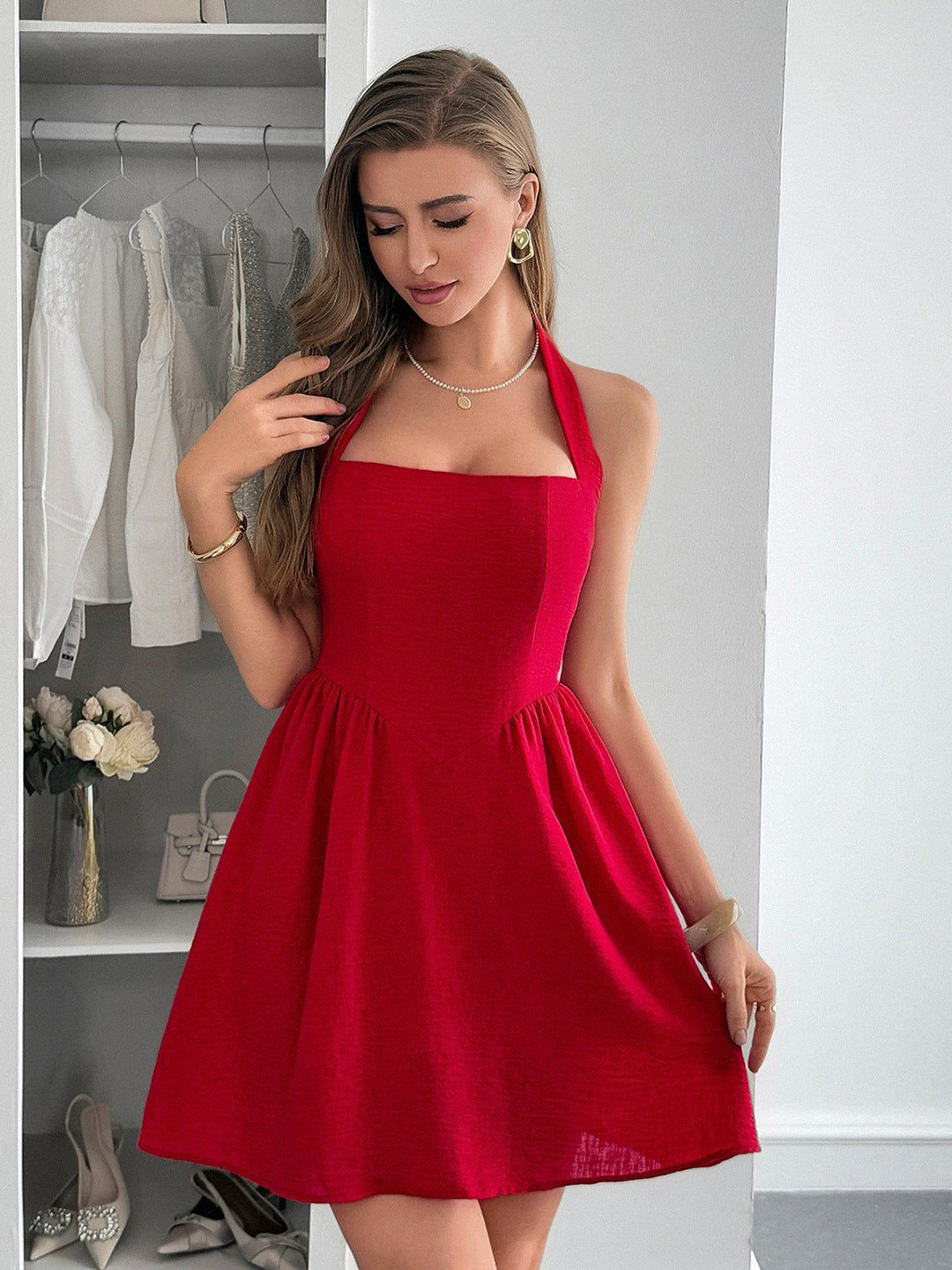 Outzidr Women Solid Red Halter Neck Sleeveless Fit & Flare Cherry Red Mini Dress