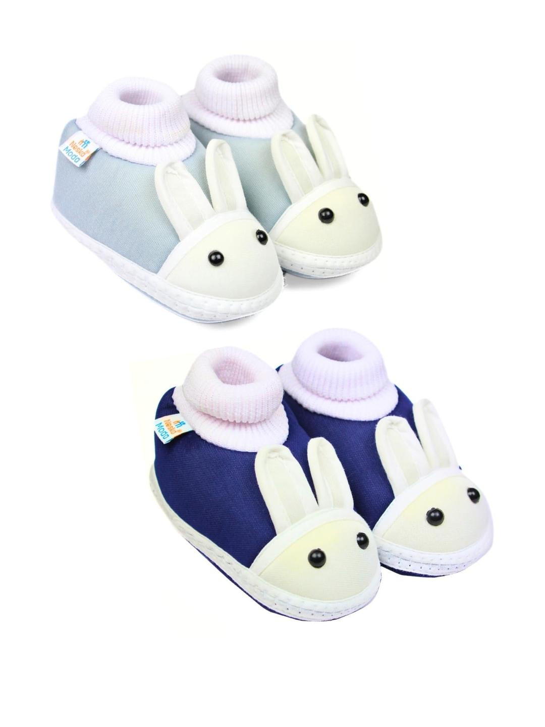 Neska Moda 3 To 12 Months Baby Boys & Baby Girls 2 Pair Combo Pack Cute Soft Cotton Rabbit Booties (Toe to Heel Length - 12 cm, Grey, Navy)