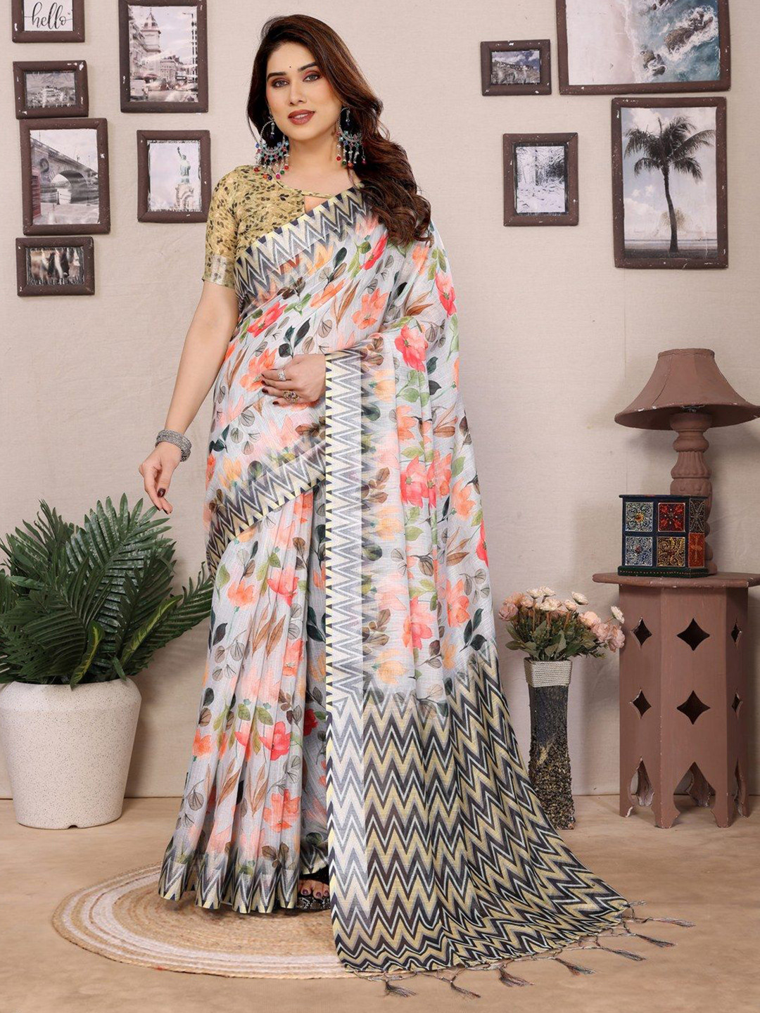 Shriyangan Floral Block Printed Pure Linen Saree