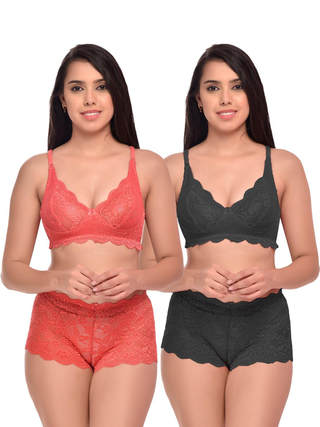 Women Red,Black Net Bra Panty Set for Lingerie Set Undergarments Pack of 2