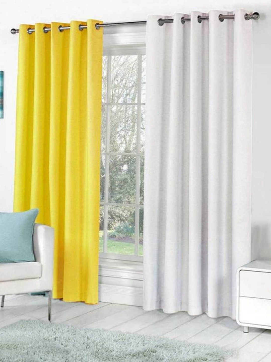 BELLA TRUE Yellow & White 2 Pieces Eyelet Fitted Long Door Curtains