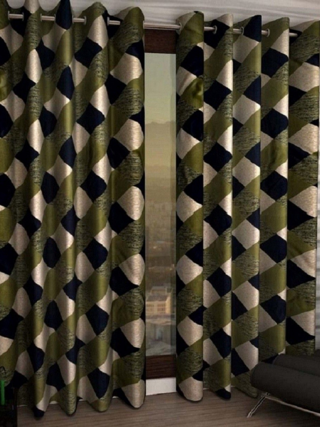 BELLA TRUE Green & Cream 2 Pieces Geometric Regular Door Curtains