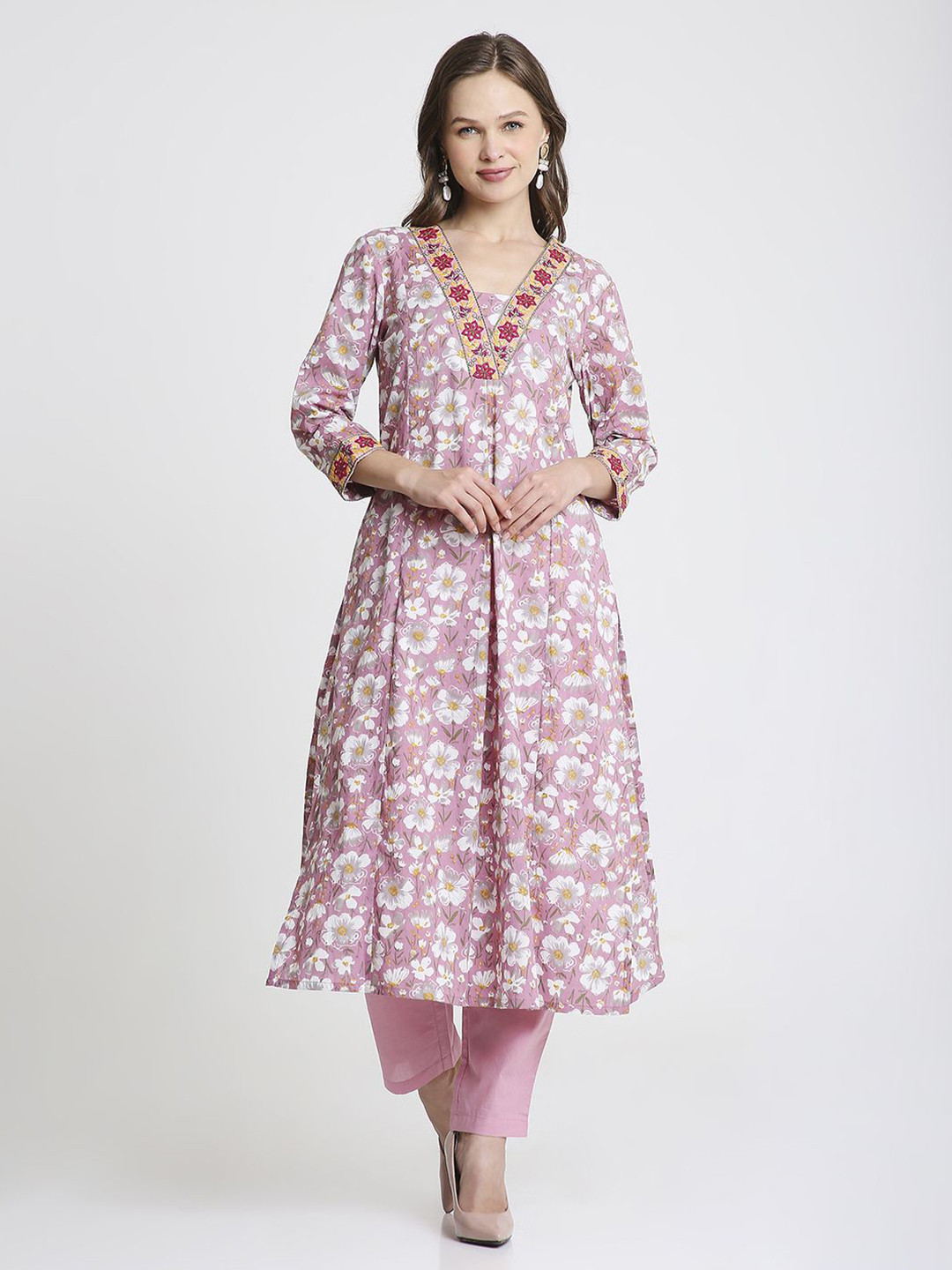 Saffron Threads Women Floral Printed Screen Print Festive Cotton A-Line Kurta