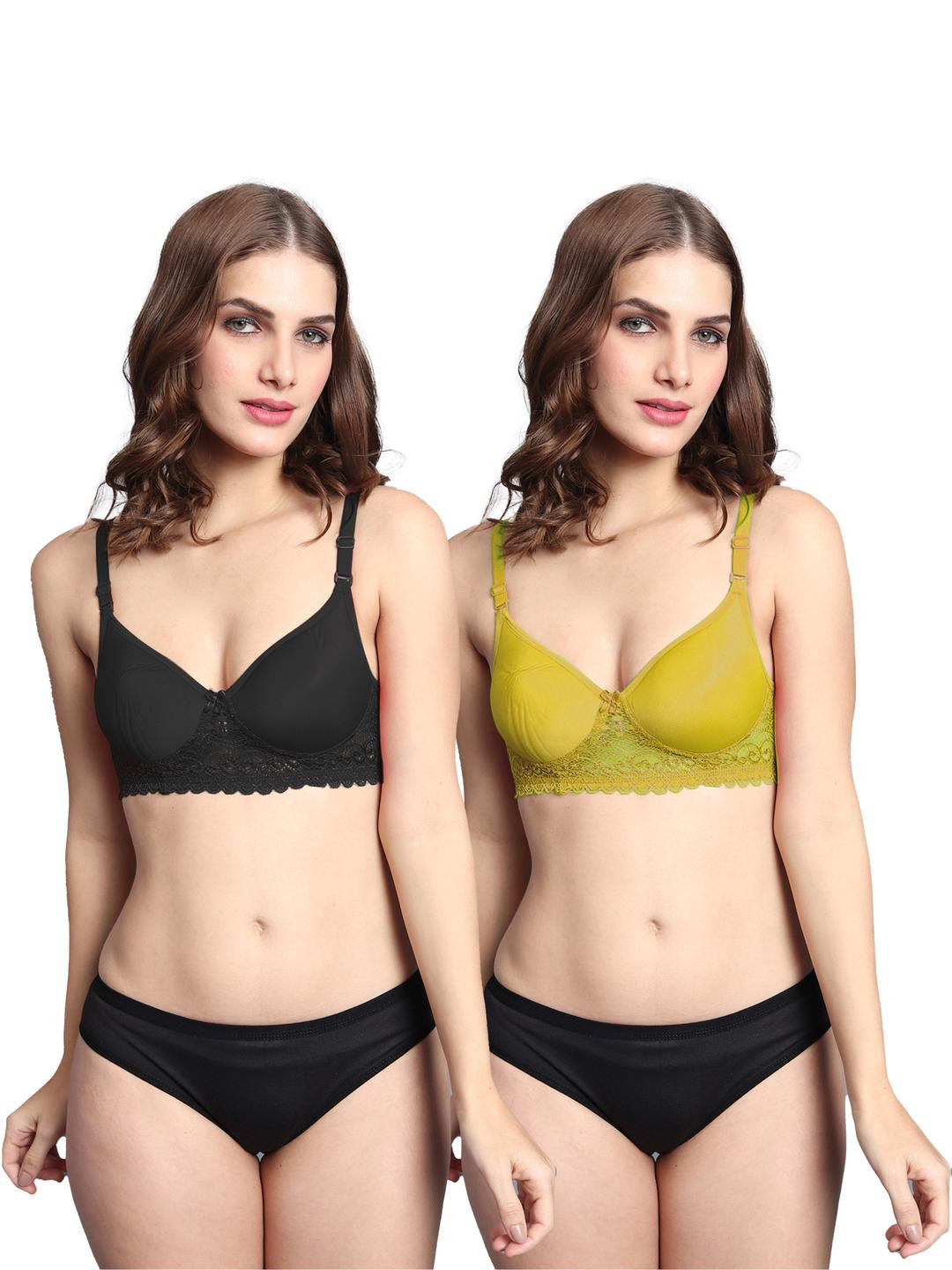 Samvar Women Pack of 2 Black And Yellow Non-Wired Cotton Non Padded Bra Panty Lingerie Set