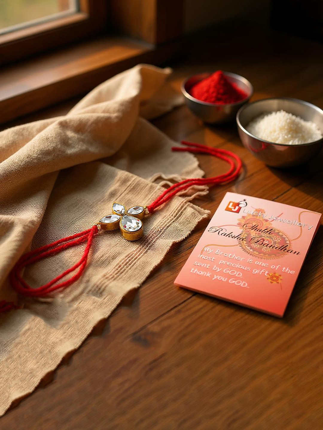 LUCKY JEWELLERY Set Of 2 Gold-Plated Rakhi With Roli Rice & Greeting Card