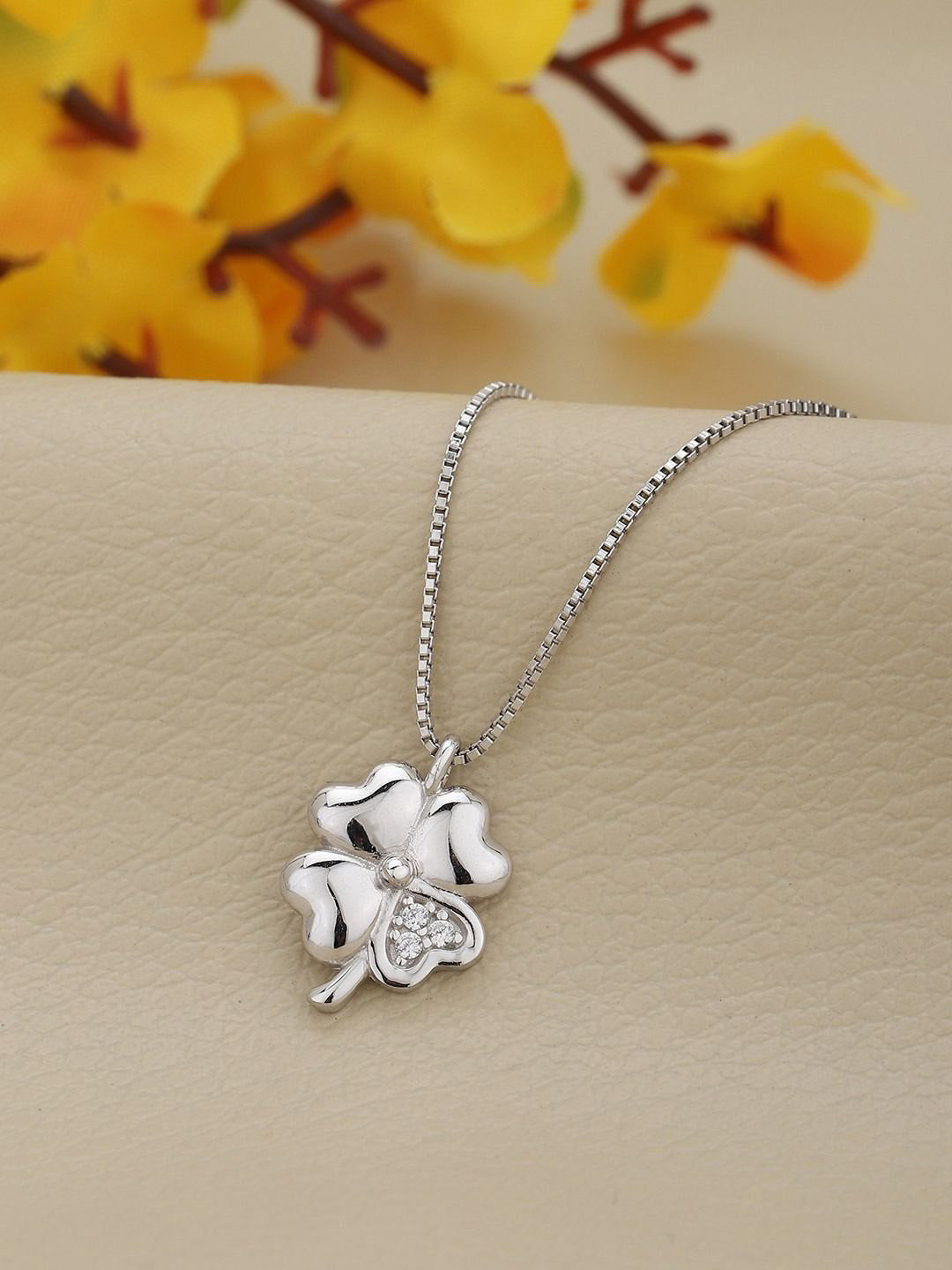 VANBELLE 925 Sterling Silver Rhodium Plated CZ Four Leaf Clover Pendant and Chain