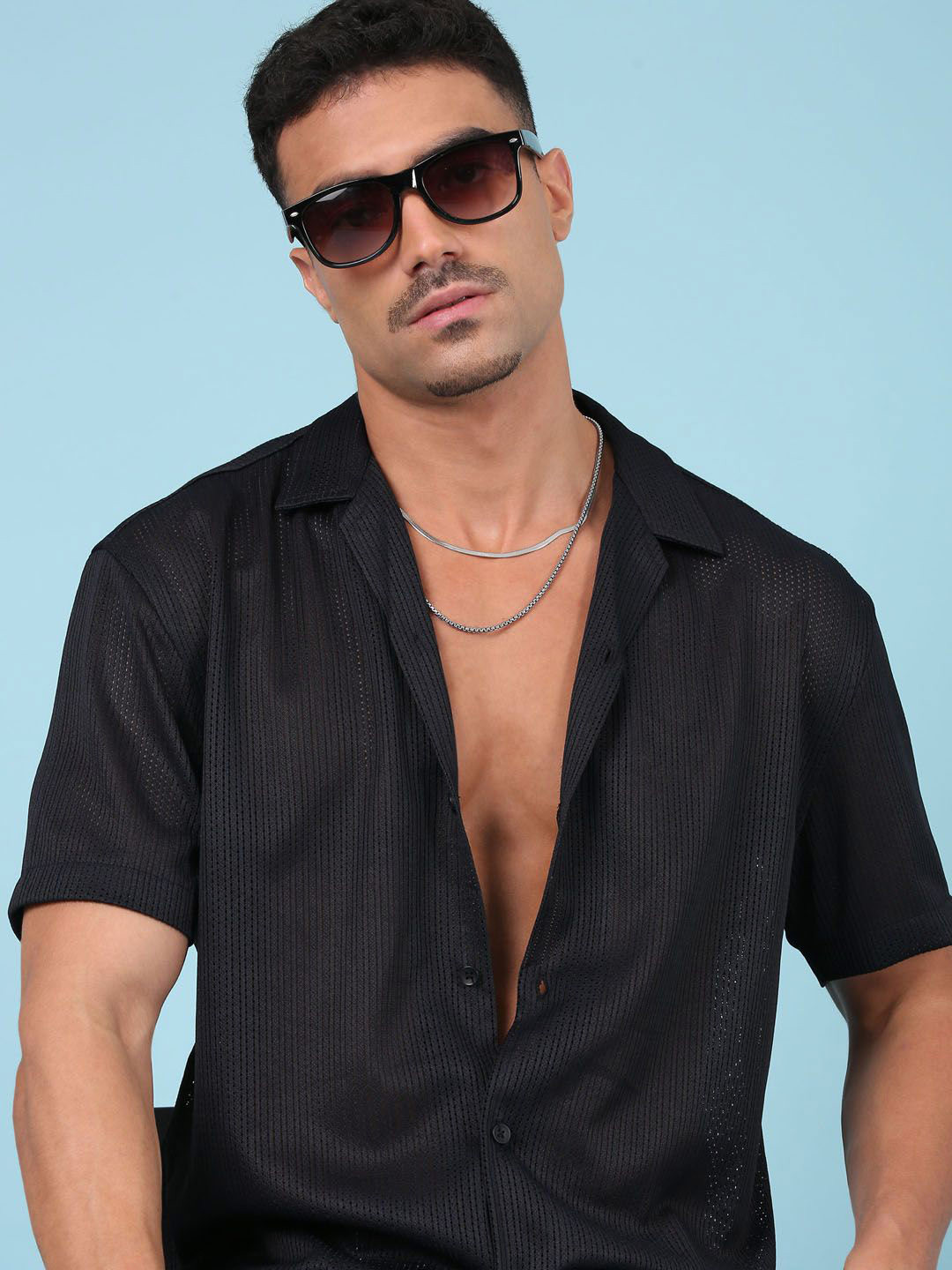 Voroxy Men Relaxed Pinstripesc Textured Crochet Semi Sheer Wrinkle Free Shirt