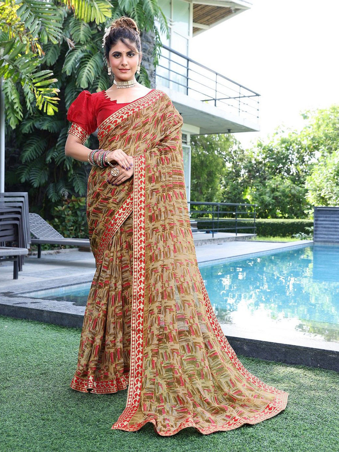 KALINI Geometric Embroidered Border Pure Georgette Saree with Matching Blouse Piece