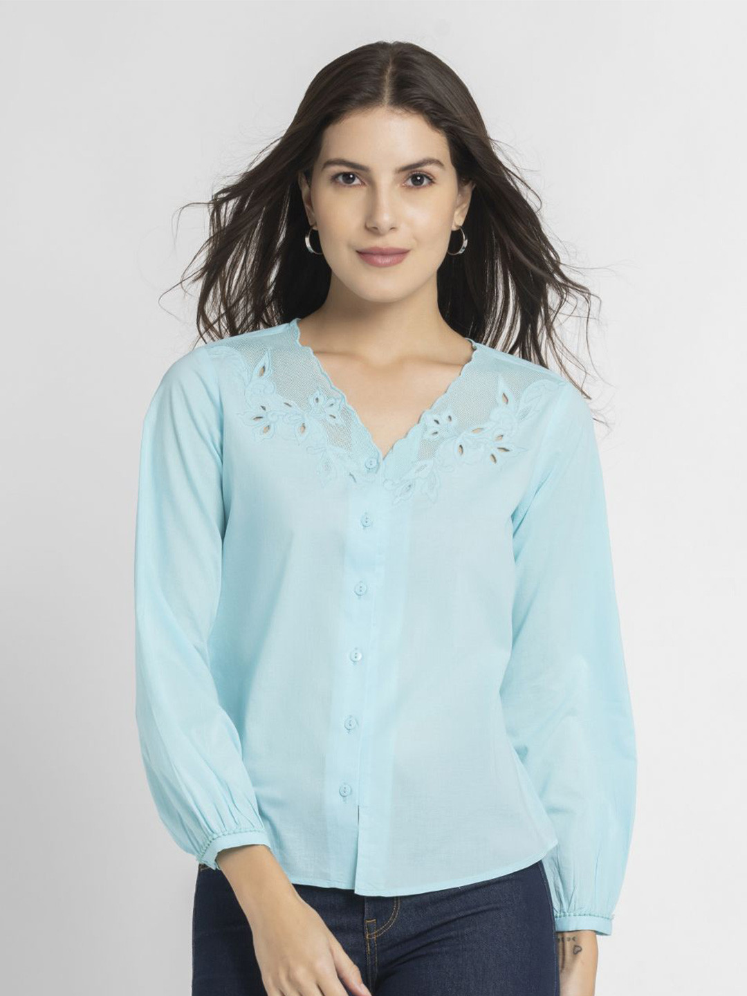 SHAYE V-Neck Blue Embroidered Puff Sleeves Cotton Casual Tops