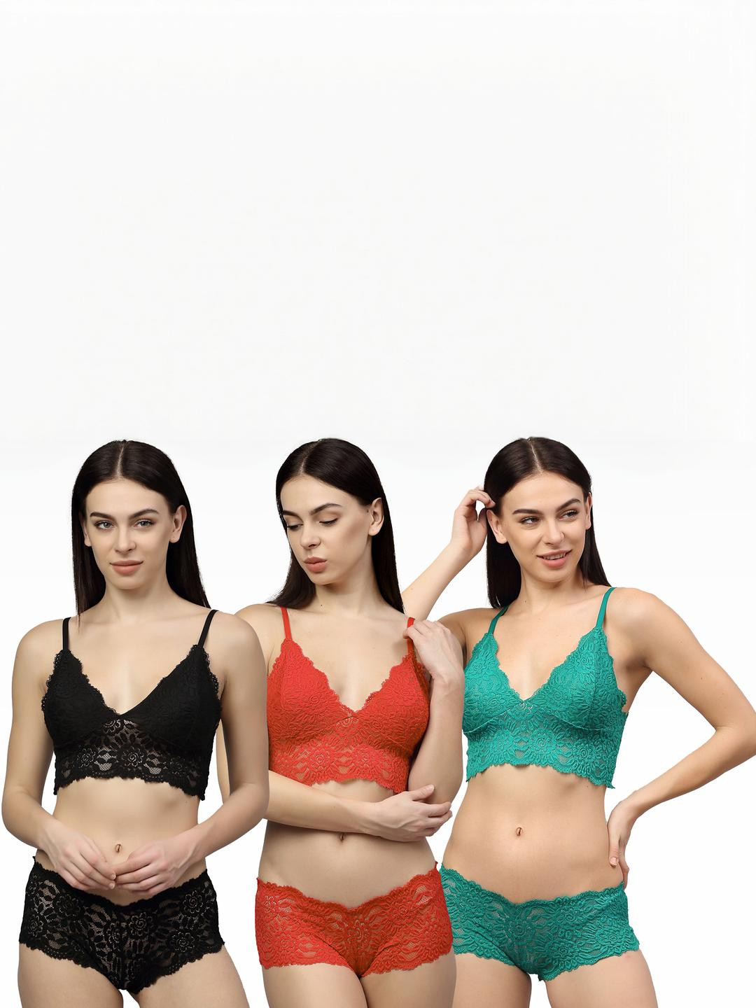 Women Black,Red,Green Net Bra Panty Set for Lingerie Set Undergarments Pack of 3