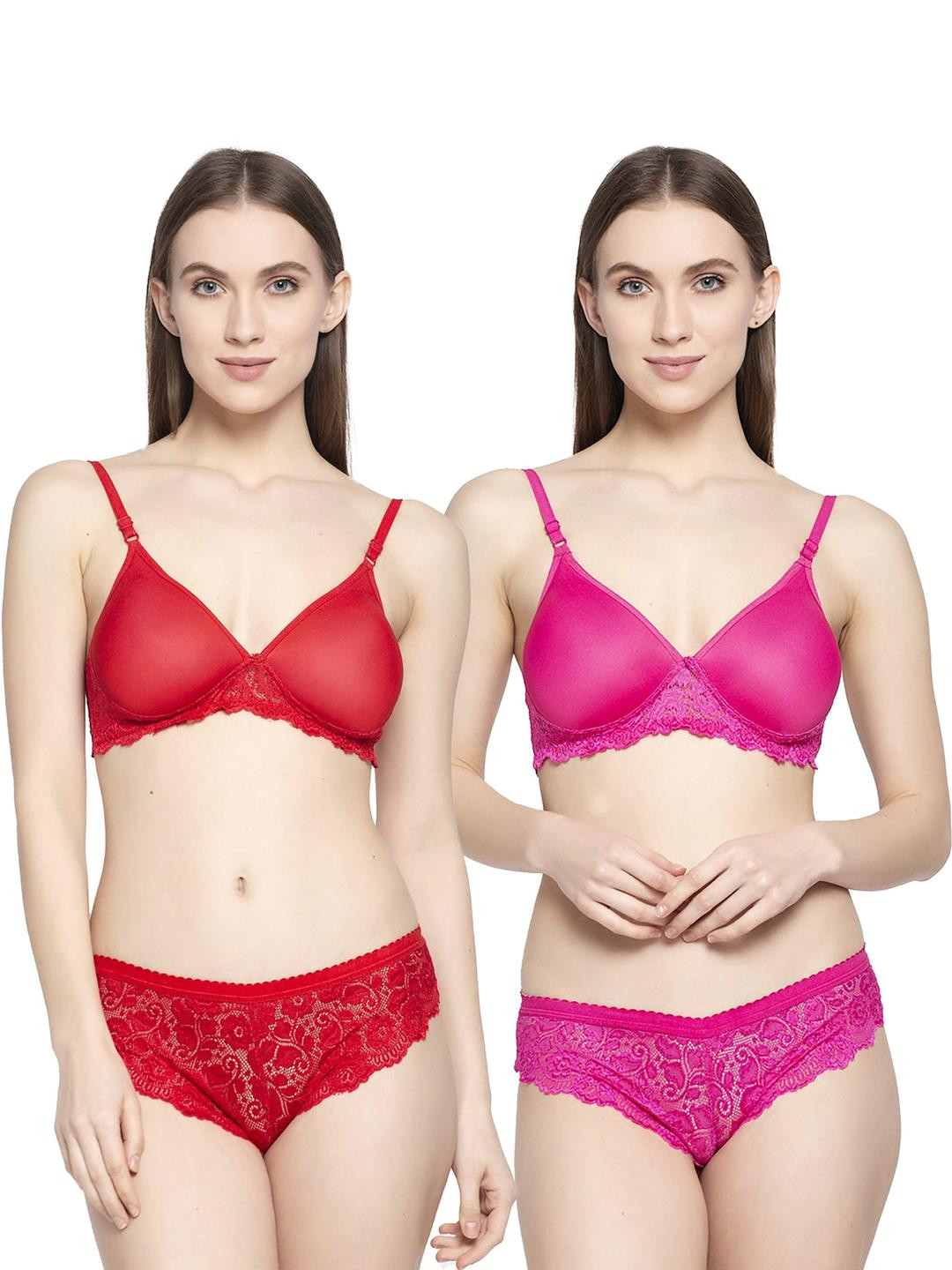 Women Red,Pink Cotton Blend Bra Panty Set for Lingerie Set Undergarments Pack of 2
