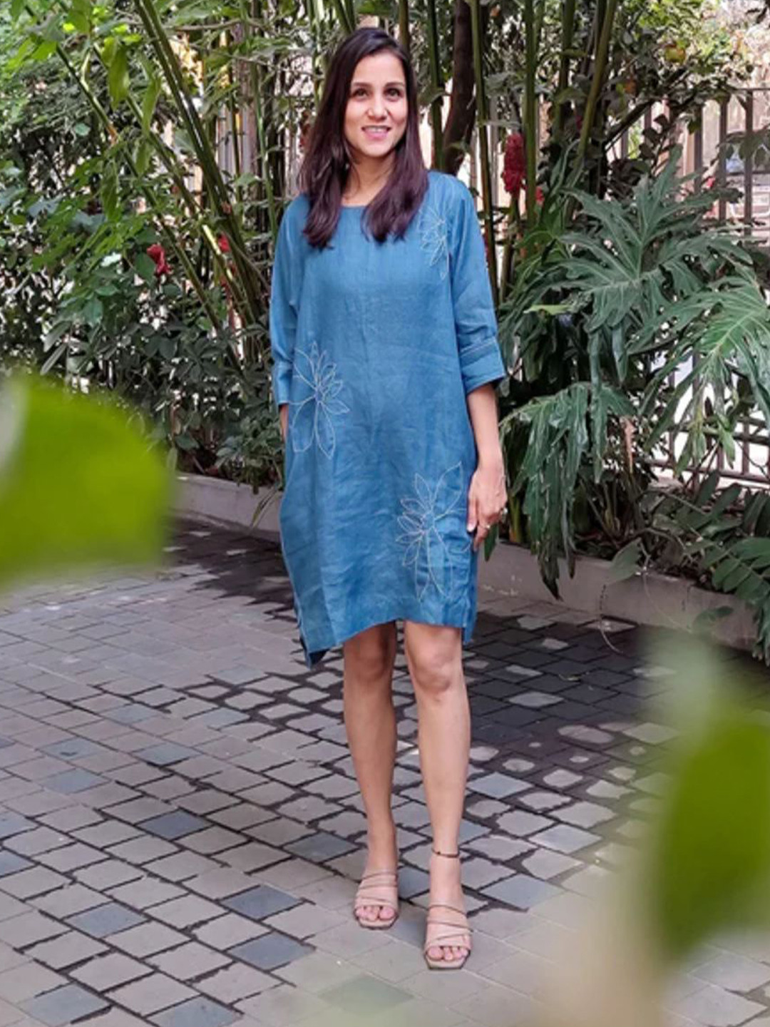 THE HOUSE OF HEMP Serena Women Solid Embroidered Linen A-Line Dress