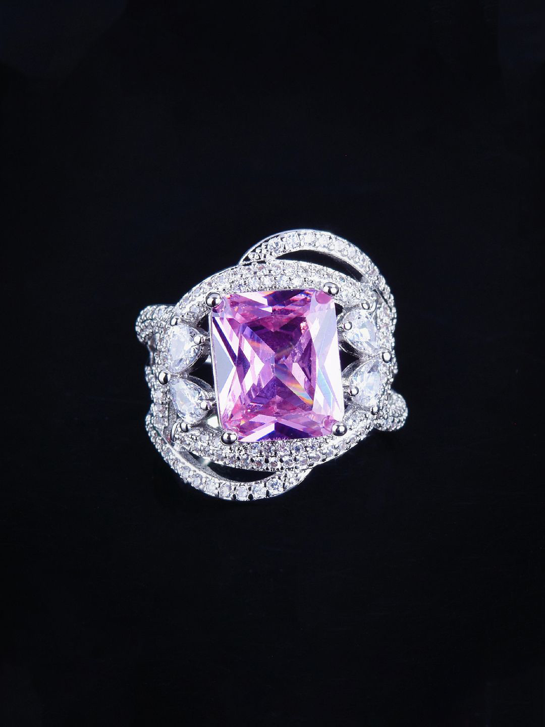 ewels Galaxy Silver-Plated Cubic Zirconia -Studded Finger Ring