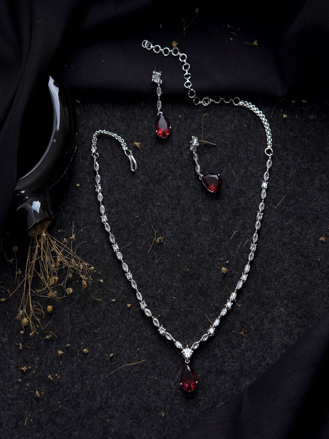 Gemron Jewel Rhodium-Plated Red American Diamond Studded Necklace with Earrings