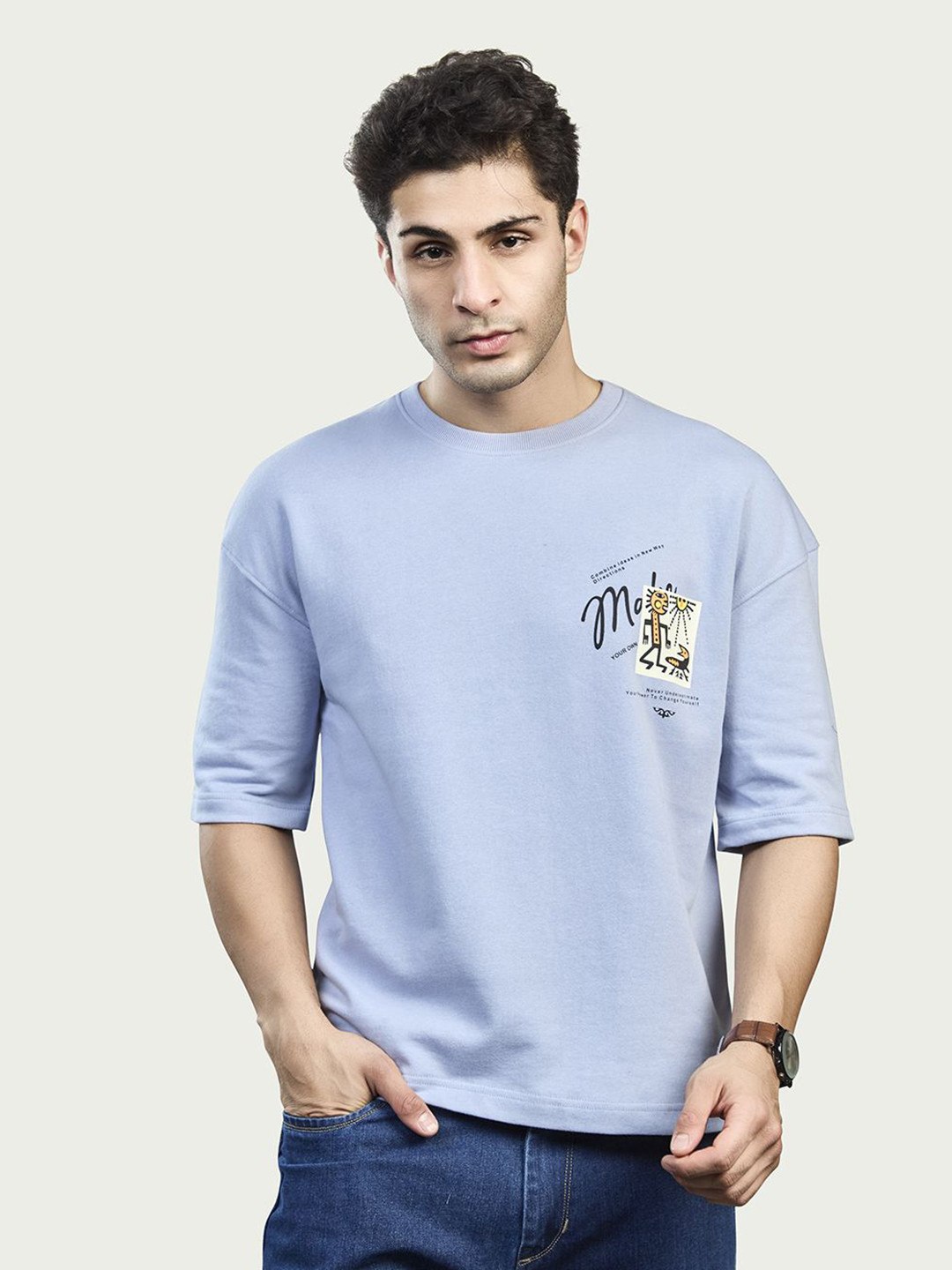 BE POSITIVE Men Typography Printed Regular Fit Round Neck Looper Knit Cotton T-shirt